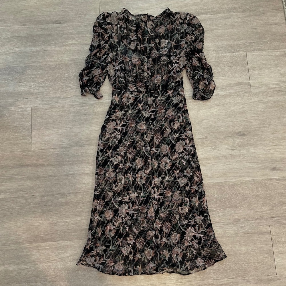 Veronica Beard Mitjana Floral Silk Dress Size 0 Black Ruched Sleeve Midi Chic - Picture 14 of 16